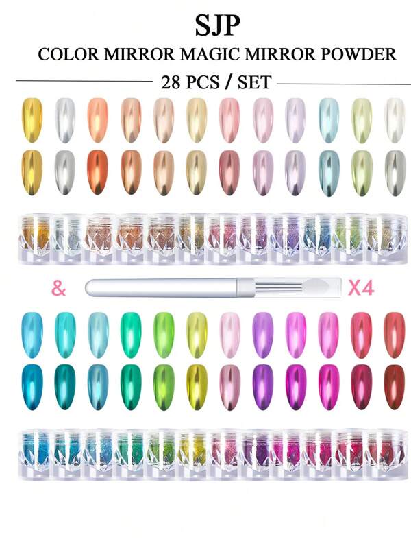 6/14/28 pièces/set Ensemble de poudre à ongles 24 couleurs ensemble de poudre métallique chrome d'été miroir - Ensemble de poudre arc-en-ciel couleurs magiques miroir 4 silicone gratuit applicateurs, or, vert, rose, argent Ensemble de poudre miroir magique holographique paillettes pour poudre artisanale ongles poudre métal électrolytique paillettes
