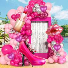 100 Stück/Set Prinzessin Hochhackenschuh Make-up Thema rosa & silberne Ballon Girlande Bogen Set, inklusive Hochhackenschuhe, Lippenstift, Lippen, Herz Folienballons, dunkelpink & silberne Prinzessinnen Themen Ballons, geeignet für Make-up Thema, Geburtstags Party Dekoration, Hochzeit, Junggesellinnen-Abschied, Jubiläum, Abschlussfeier Deko