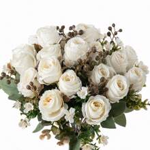 1/3 件人造牡丹花丝绸绣球花束人造玫瑰假植物适用于春秋季装饰、家庭婚礼花瓶、餐厅、卧室、厨房、浴室装饰、母亲节礼物、节日生日派对配件、户外花园装饰 - 玫瑰花束-白色 - 查看 4