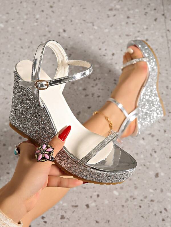 Women's Sexy Strap, Thick-Sole, Glittering Platform Sandals With Elegant Rhinestone Decor, Comfortable Open-Toe Wedge Shoes For Summer, Versatile For Party & Gathering, Heightening Thick Bottom