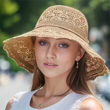 1pc Elegant Women's Breathable Sun Hat, Durable Foldable Wide Brim Beach Hat For Beach And Outdoor Use, UV Protection, Polyester, Beach Hat - Multicolor - View 1