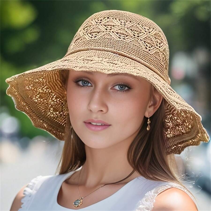 1pc Elegant Women's Breathable Sun Hat, Durable Foldable Wide Brim Beach Hat For Beach And Outdoor Use, UV Protection, Polyester, Beach Hat - Multicolor - View 1