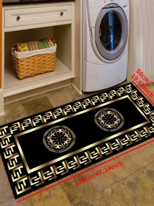 1 peça 'Fundo preto, moldura dourada em 'F', moldura interna de linha sólida, padrão circular dourado no centro' tapete antiderrapante, lavável à máquina, carpete para entrada, sala de estar, quarto, decoração de pátio externo, jardim, quintal, tapete, decoração para casa, decoração de quarto, tapete de área, tapeçaria