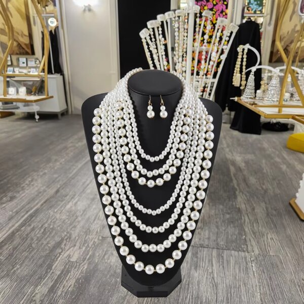 قلادة متعددة الطبقات فاخرة من اللؤلؤ وزوج أقراط للمرأة ، إكسسوارات أنيقة للحفلات والزفاف، موضة أوروبية وأمريكية