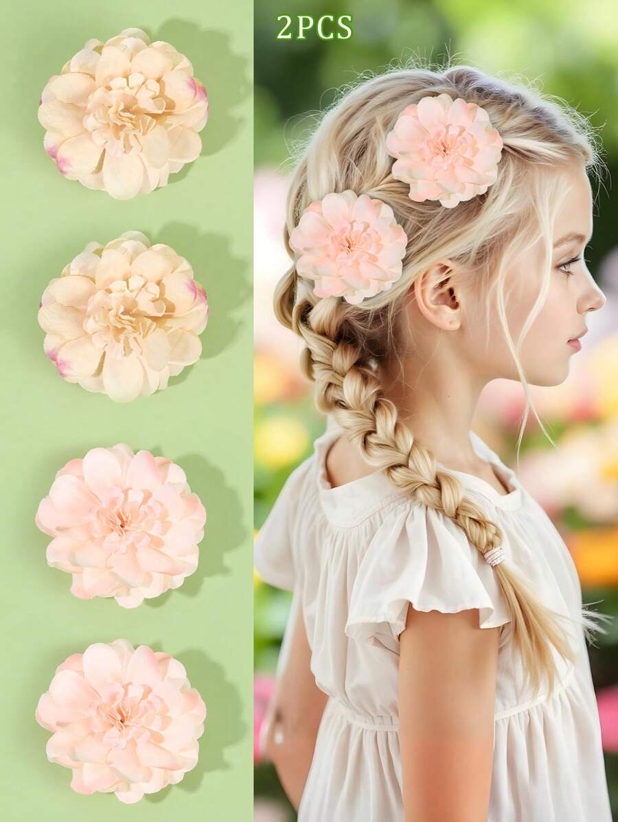 2pcs Fashion Flowers Hair Clips For Girls,Fabric Simulated Flower Hairpins For Kids,Compression Clips Hair Accessories For Toddlers Party Gifts