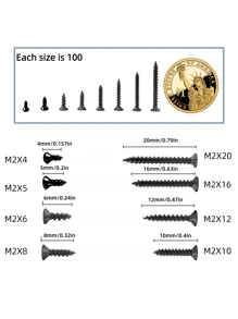 800 Parafusos [Diâmetro de 2 mm / 0.078" (Observe que o tamanho é um parafuso pequeno)] Parafusos Autoatarraxantes de Aço Carbono Preto M2 Countersunk, Parafusos Autoatarraxantes - Ideais para Projetos DIY e Melhorias Domésticas, Parafusos de Travamento e Parafusos para Madeira para Fixação Segura
