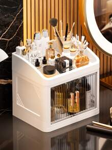 1-Set 3-Layer Crown Design Foldable Drawers Makeup Organizer Box, Cream White Color, Suitable For Cosmetics, Lipsticks, Skincare Products, Desk Top Storage, Thickened & Enlarged Easy To Carry