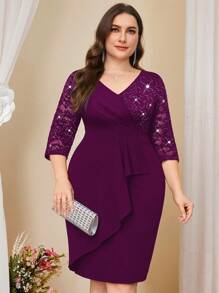 Plus V-Neck Sequin Floral Lace Contrast Ruffle Trim Wrap Hem Evening Party Bodycon Dress, Elegant Semi Formal Wedding Guest Dress, For Birthday, Graduation, Homecoming, For Cocktail - Maroon - View 8