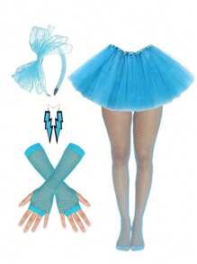 Set de 7 piezas de accesorios de disfraz de fiesta de cosplay con estilo retro de los 80 y 90, que incluye: diadema con lazo de encaje, falda sexy, faldas de malla, medias de red, aretes con diseño de relámpago, para usar en Baile de graduación, Día de San Valentín, festivales de música, Halloween