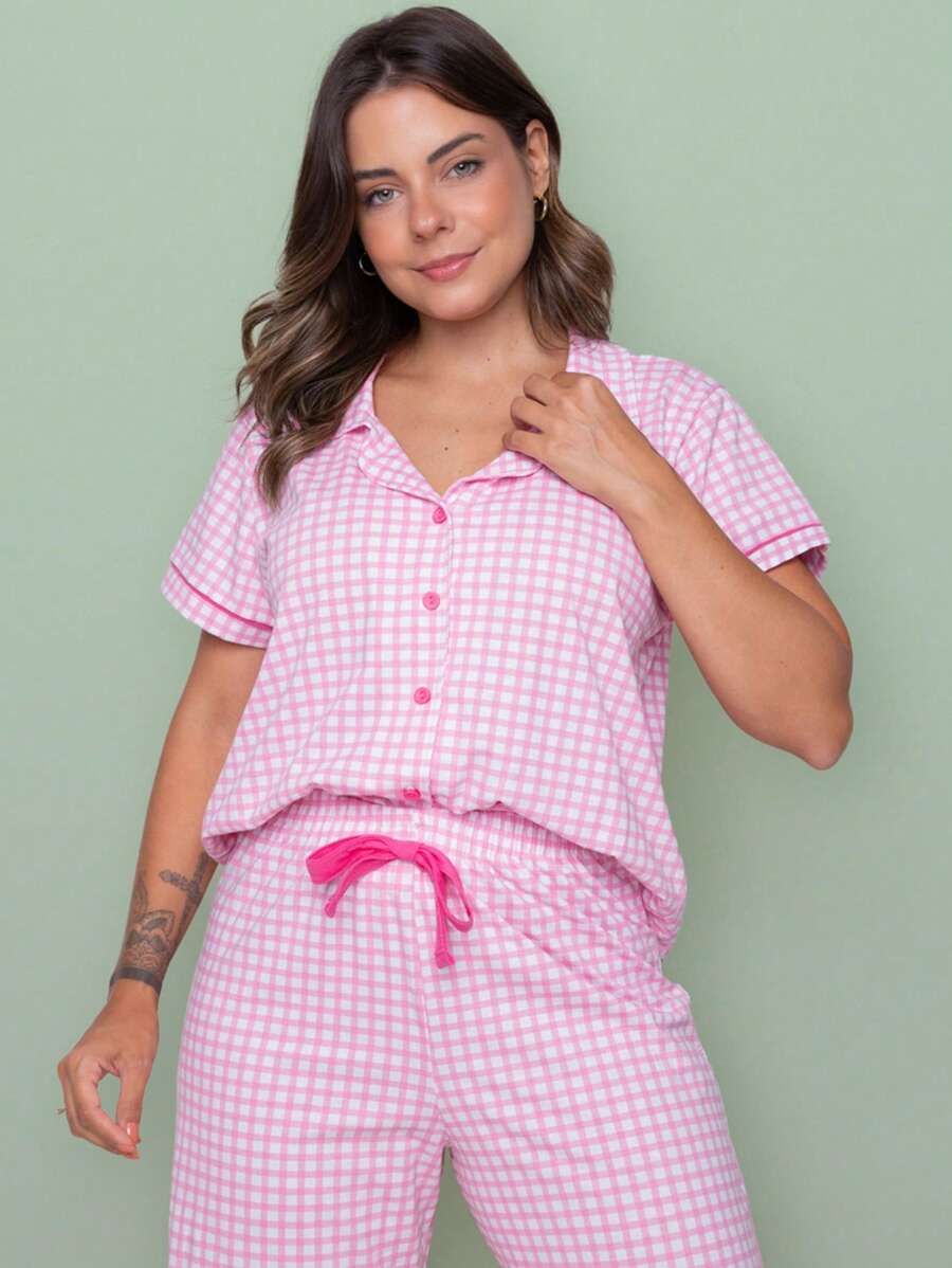 Pink Plaid Long American Pajamas - Hồng - Xem 1