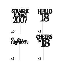 12pcs Happy Birthday Cupcake Toppers, Black Glitter Cake Decoration For 18th, 21st, 30th, 40th, 50th, 60th, 70th Birthday, Anniversary Party Supplies, Available In Black, Gold, Rose Gold