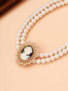 1pc Double-Layer Retro Elegant Full-Crystal Pearl Choker Necklace - Multicolor - View 1