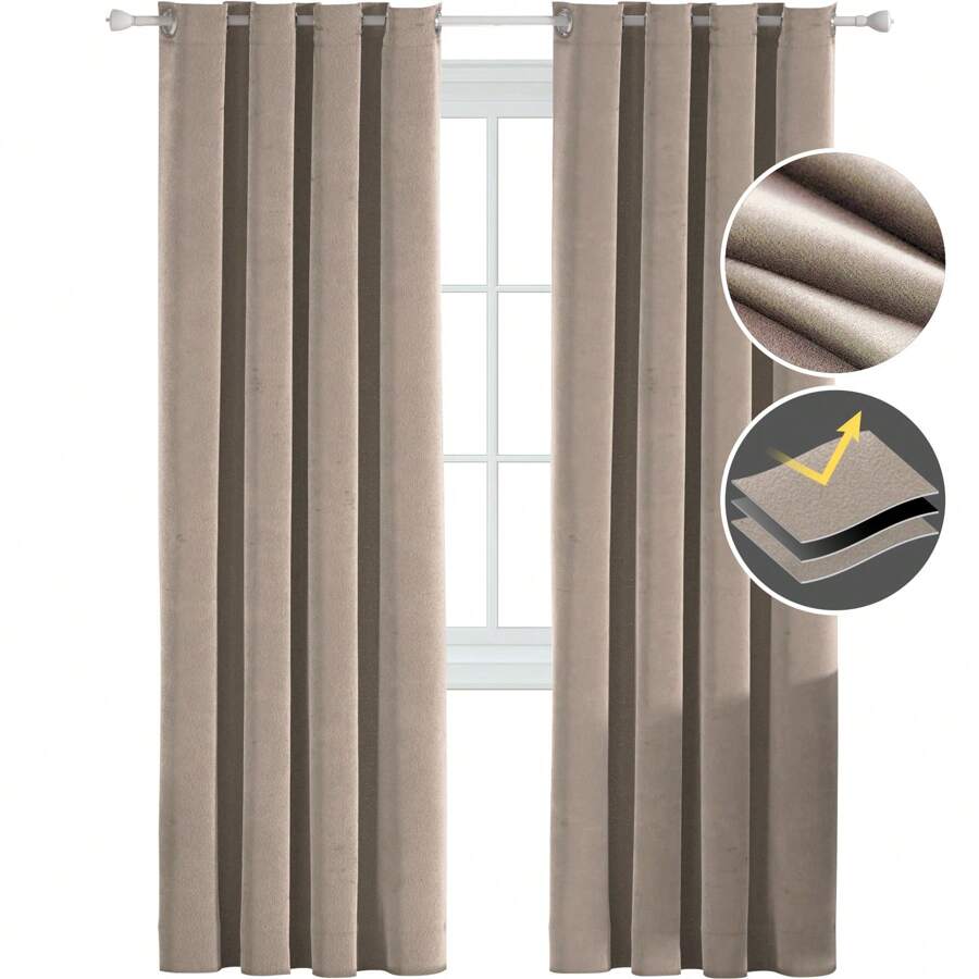 Ystyle Velvet Curtains Set Of 2, Thermal Curtain Cold Protection, 100% Opaque Curtain, Heat Protection Curtain, Thermal Curtain Against Cold And Heat, Blackout Curtain - 駝色 - 查看 1