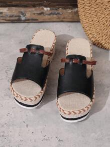 Sandalias de plataforma de paja tejida estilo europeo de lujo, ¡sandalias de verano! Tacón de cuña con punta abierta, suela blanda y gruesa, adecuadas para ir y venir y vacaciones - Negro - Ver 6