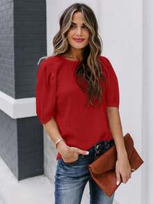 Camisa Feminina de Manga Curta Sólida, Camisa Casual de Verão com Decote Careca, Moda Camisa de Manga Bufante