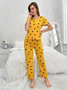 Pijama informal de 2 piezas con estampado de corazones para mujer, top de manga corta y cuello redondo y pantalones, conjunto de ropa de dormir de verano para vacaciones