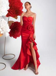 ADYCE Elegant Strapless 3D Floral Slit Asymmetric Hem Dress, Ruffle Trim, Backless Spaghetti Strap, Long Party Gown, Suitable For Ball, Birthday Party, Formal Dinner, Date, Homecoming, Wedding Guest, Formal Occasion, Family Gathering - Red - View 1