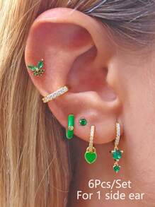 6 件/套（适用于 1 个侧耳）时尚个性化精致镀金锆石蝴蝶耳钉，心形耳坠，多功能耳夹耳环套装，适合女士，适合日常、节日和派对佩戴