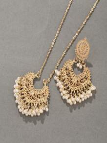 3-teiliges Set Vintage Luxus Quasten Perlen Anhänger Ohrringe & Halskette, europäisch-amerikanisch handgemachter Cut Out V-förmiger Blumen Mehrschicht Perlenanhänger Set, Luxus Schmuck Geschenk für Frauen Party Urlaub