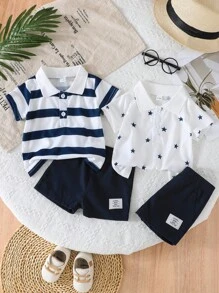 4 件套幼儿男童时尚简约星条纹印花短袖上衣搭配纯色短裤，夏季休闲装 - 藏蓝色 - 查看 3