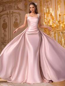 VIPGIRL Vestido de satén sin mangas con drapeado en color rosa champán, con tirantes de lentejuelas y cola larga. Vestido formal elegante de sirena para mujeres, vestidos de graduación, vestidos de noche, vestidos de invitada de boda, lujoso y glamoroso vestido de gala