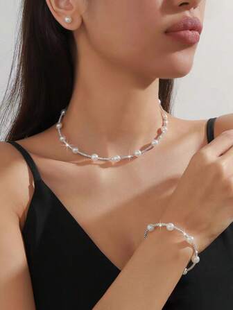 1 szt. Elegancka bransoletka ślubna z kryształkami + 1 szt. Słodki naszyjnik z kryształkami + 1 para prostych kolczyków z kryształkami, akcesoria ślubne