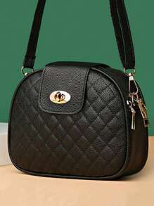 女士黑色轻便户外步行手机迷你圆形包，3 个拉链口袋可调节肩带，绗缝钻石图案，多功能斜挎单肩包 - 黑色 - 查看 2