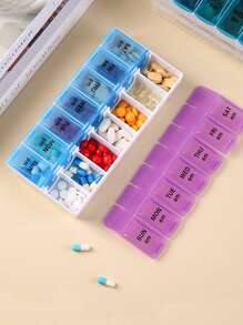 1 pieza/2 filas 14 compartimientos Caja de pastillas azul y morada, portátil y conveniente tamaño de viaje gran capacidad a prueba de humedad sellada, buena identificación organizador de pastillas/cápsulas de mañana y noche con braille, caja de almacenamiento semanal de 7 días de medicación con compartimientos AM/PM