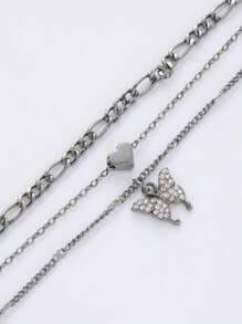 1pc Multi-Layer Fashion Casual Crystal Butterfly & Heart Pendant Necklace, Suitable For Party And Gatherings - Gun Black - View 2