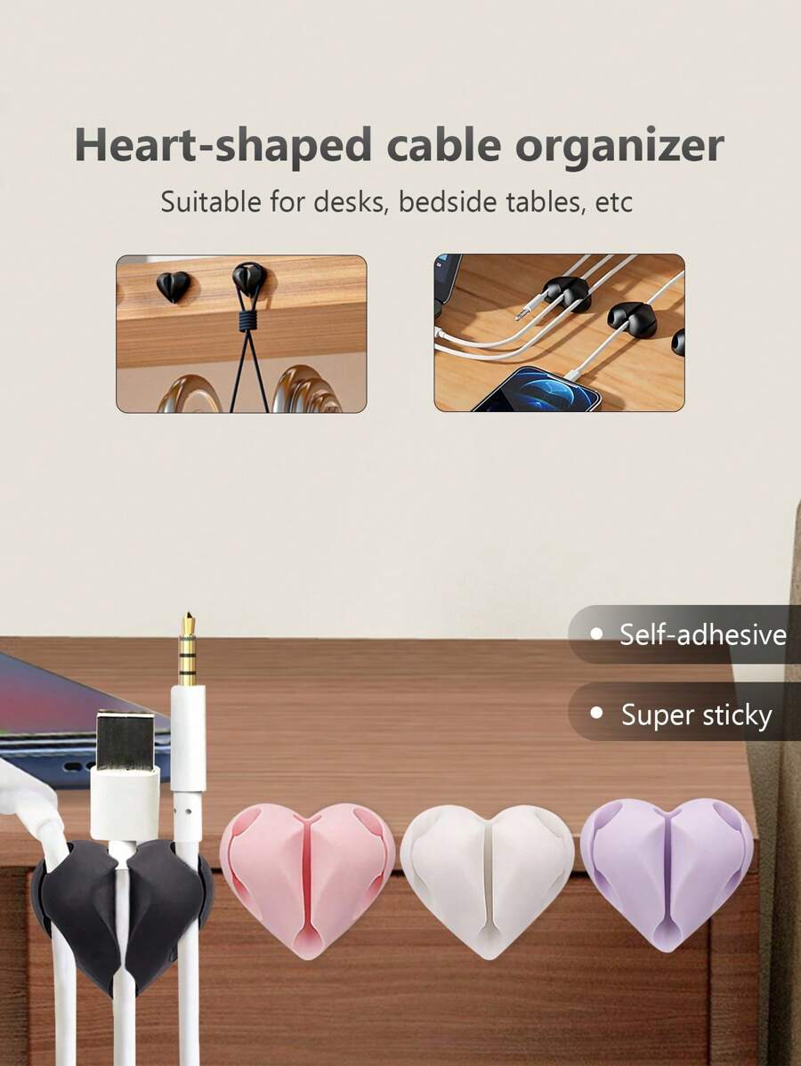 2pcs Heart-Shaped Cable Organizers, Phone Charging Cable Clips, Wire Winders, Self-Adhesive Cable Holders, Suitable For Desk, Bedside Cabinets, Walls, Cars And Office
