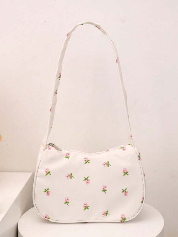 1 pieza Bolsa de tela con diseño floral dulce y lindo, bolso de mano sencillo y de moda, bolso de hombro fresco y simple, material de nylon con cierre de cremallera, bolso de hombro sencillo y fresco con estampado de pequeñas flores lindas, adecuado para que las niñas vayan de compras, uso diario, guardar teléfono móvil, cartera, pañuelos, audífonos, como regalo para amigos y familia