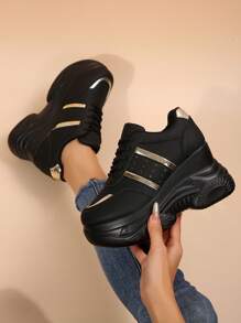 Fall/Winter 1 Pair Women's New Black Platform Thick Sole Sneakers, Leather Upper Round Toe Lace Up Chunky Sneakers, Lightweight Non-Slip Soft Sole Casual Shoes - Gold - View 5