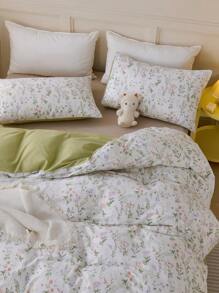 2/3 件 100% 纯棉复古花园植物花卉图案印花羽绒被套装无填充物透气超柔软四季通用（1 件*羽绒被套 + 1/2 件*枕套，无枕芯），柔软双色花卉设计床上用品套装适用于卧室和客房情人节特大号双人床全尺寸床上用品套装