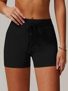 Shorts sport décontracté en tricot extensible pour femmes, printemps/été - Noir - Voir 4