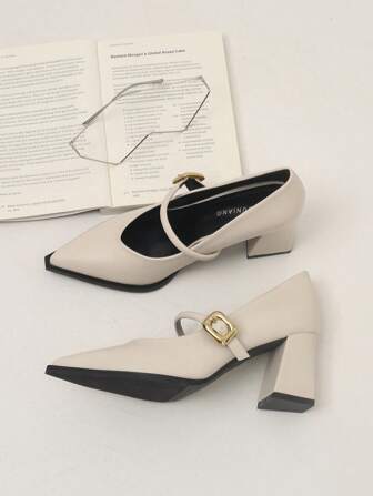 Dammodekontor 2025 våren Nya högklackade skor, Casual Solid Vit, Svart, Brun färg Spetsad tå Metalldekor Elegant Minimalistisk Chunky Heel Loafers av hög kvalitet, lämpliga för byxor och klänningar med vida ben, 98581-7