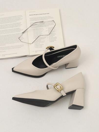 女士时尚办公室 2025 春季新款高跟鞋，休闲纯白、黑、棕色尖头金属装饰优雅简约粗跟高品质乐福鞋，适合阔腿裤和连衣裙，98581-7