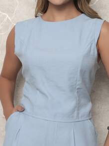 Women's Casual Tailored Set Plain Blouse With Long Trousers - 淺藍色 - 查看 2