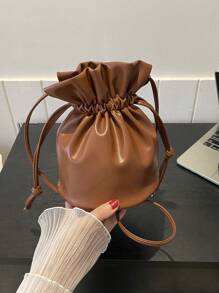 Drawstring Bucket Bag, Simple Drawstring Cross-Body Shoulder Bag