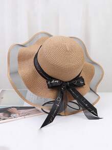 Tropiscape Women's Summer Faux Pearl Embellished Wide-Brimmed Sunhat With Wave Mesh, Ideal For Traveling, Beach, And Sun Protection Bow Beach Autumn Winter Gifts - Wave Pearl Mesh Straw Hat - View 12