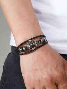 1pc Men Fashion Punk Leather Beaded Bracelet With Metal Anchor Charm, Suitable For Daily Wear And Gift For Friends & Family - Brown - View 3