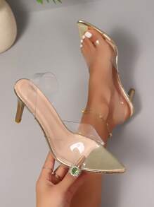 女士时尚高跟凉鞋，透明水晶鞋跟仙女风格高跟鞋，女士尖头透明绑带凉鞋，性感简约透明高跟鞋，适合派对和夜总会的时尚高跟鞋 - 金色 - 查看 2
