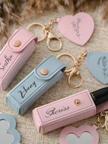 Personalized Lipstick Pouch Keychain, Lipstick Box With Mirror, Custom Name Anti-Loss Lipstick Storage Bag, Bridesmaid Gift, Valentine's Day Multi-Functional Storage.,Delicate Romance,Chic Design - Multicolor - View 3