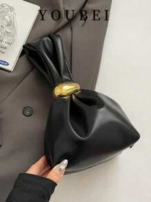 1pc Women Solid Color PU Tote Bag, Personalized Mini Ruched Bag With Metal Decors & Zipper Closure, Suitable For Daily & Outdoor Use