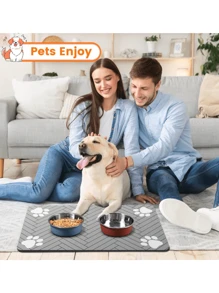 1 pieza Estera absorbente y antifugas para alimentación de perros y gatos con diseño de espiguilla y huella, de secado rápido y fácil de limpiar, ideal como regalo para amantes de perros y gatos, en color negro