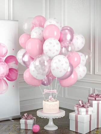 52 个 12 英寸粉色乳胶蝴蝶结气球，派对蝴蝶结装饰 - 淡粉色透明白色蝴蝶结乳胶气球，用于蝴蝶结迎婴派对装饰，女士粉色生日派对单身派对粉色新娘订婚蝴蝶结主题婚礼周年纪念用品，公主，派对装饰用品
