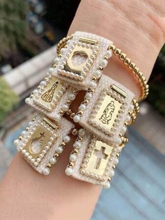 1 pieza Brazalete trenzado con cuentas, cruz religiosa, corazón, perlas falsas - joyería de moda creativa para damas, hermanas, pareja - regalo adecuado para uso diario, citas, fiestas, vacaciones - tamaño ajustable