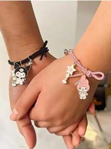 Sanrio 2pcs/Set Sanrio Character Friendship Bracelet Set, Comes With Magnetic Clasp, Polyamide Woven Strap, Anime Style Charm Bracelet, Suitable For Couples And Friends, Bracelet Set, Couples, Anime Items, Halloween