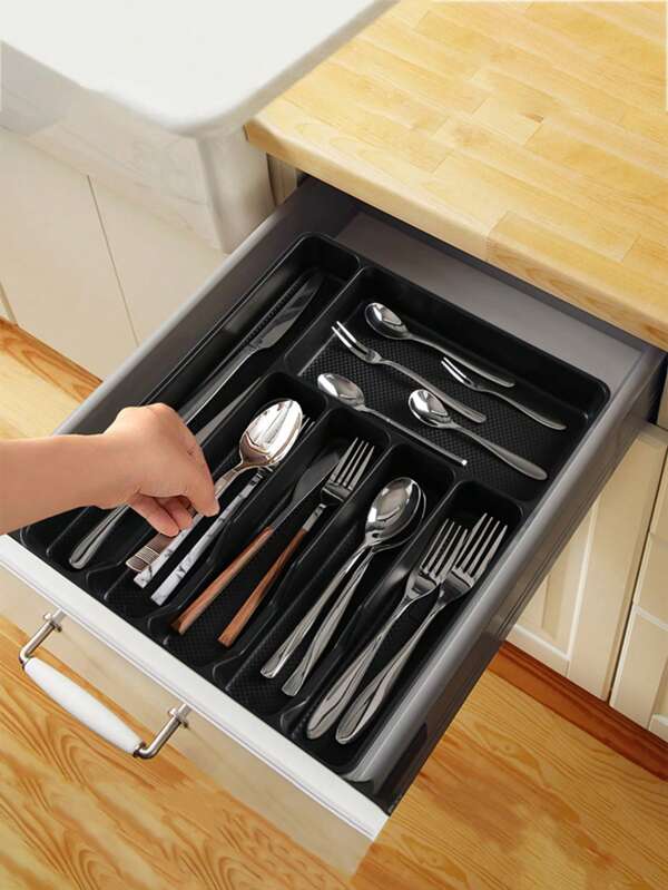 1pc Large Compartment Food Organizer Box, Kitchen Storage Tray, Flat Cutlery Holder Box, Made Of PP Plastic, Suitable For Tabletop Cutlery, Cabinet Drawer Storage, Utensil, Chopsticks And Small Parts Organizer, Back To School Supplies