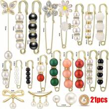 14/21pcs Women Brooch & Pins, Waist Cincher Belt Clip, Scarf, Sweater, Collar Clips, Faux Pearl Brooch, Fashion Cover Up Buttons And Clothing Decorations - Multicolor - View 7