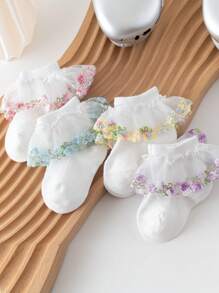 4 paia di calzini da bambina/ragazza in in rete traspirante, con ricamo floreale, bordatura in pizzo stile campagna francese, principessa, per primavera/estate - Multicolore - Visualizzare 6